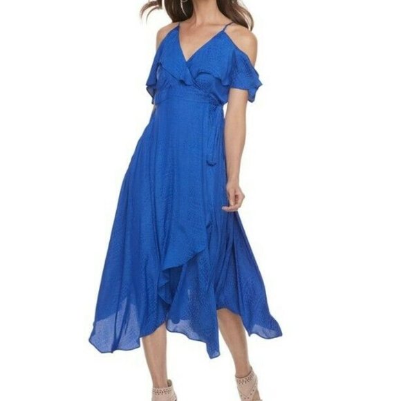 Jennifer Lopez Dresses & Skirts - Jennifer Lopez Dress Size XS Blue Snake Print Faux Wrap Cold Shoulder Spring New